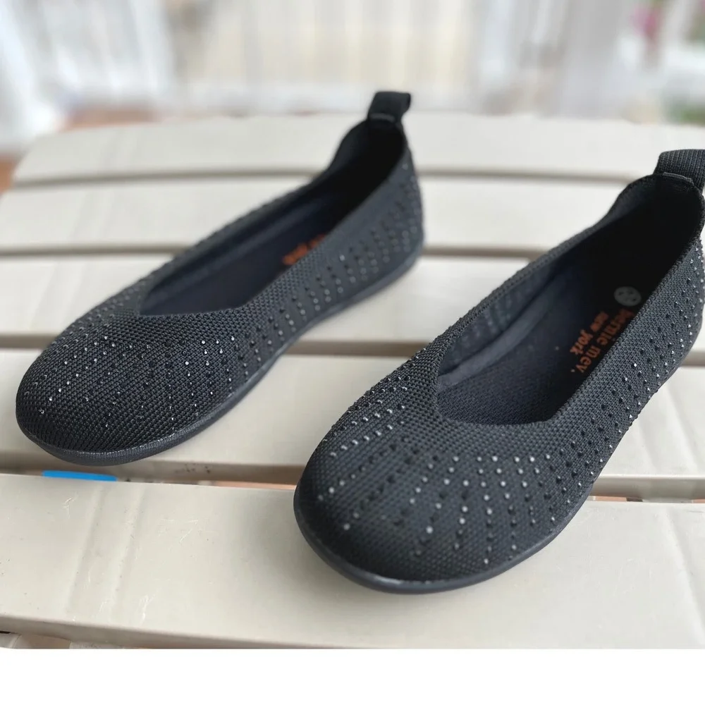 Bernie Mev Adi K Kids Black Pewter Rhinestone Knit Ballet Flats Size 30/12-12.5